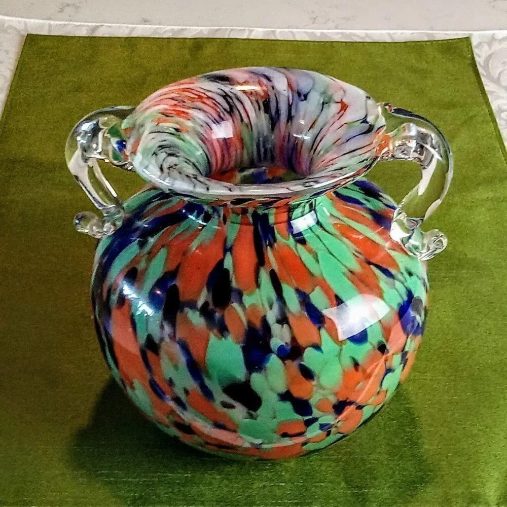 Multicolor Hand Blown 2-Handle Art Glass Jug Vase